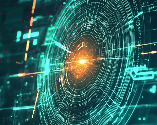 Futuristic digital interface with concentric circular data rings and a glowing central point, suggesting advanced technology.